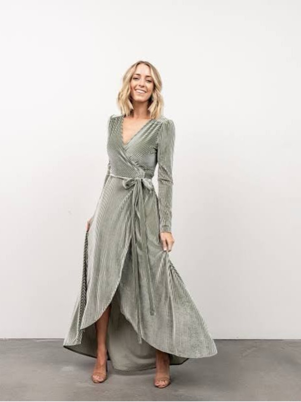 Baltic Born Dusty Sage Jada Ribbed Velvet Wrap Maxi Dress Size L NWT